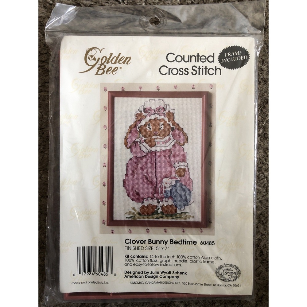 "Clover Bunny Bedtime" 1991 Golden Bee Counted Cross Stitch Kit 60485 Frame Incl